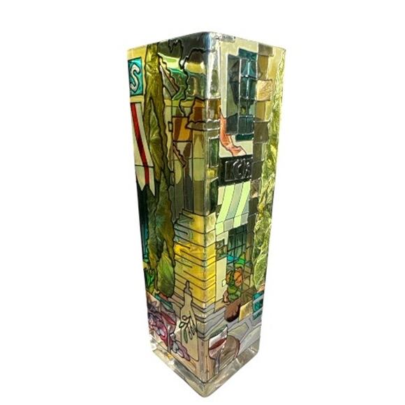 Vintage Joan Baker Stained Glass French Cafe 10”Rectangular Vase - Picture 6 of 10